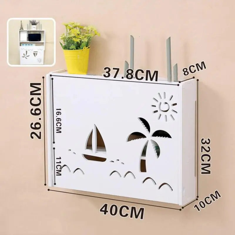 meuble rangement mural blanc moderne motifs décoratifs boîte raccordement prise électrique fixations
