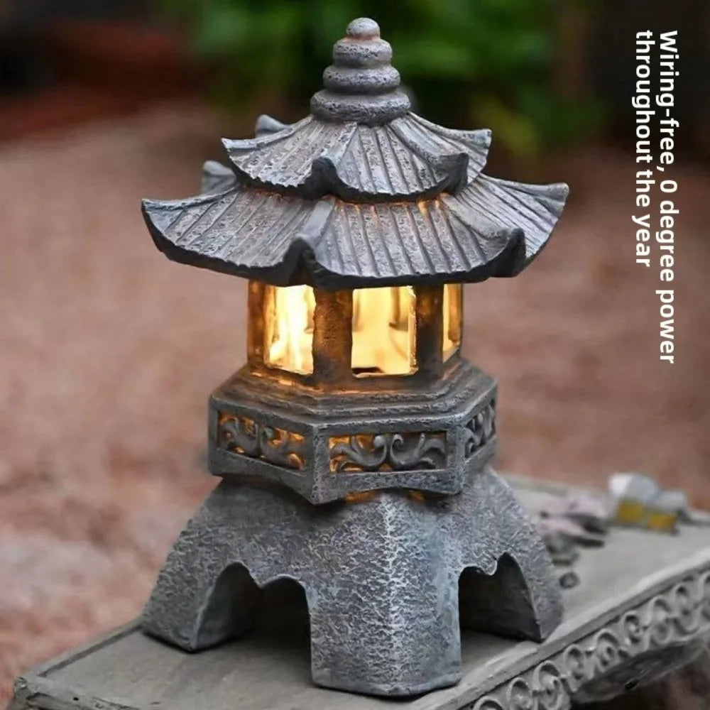lanterne traditionnelle gris texture granitée détails sculptés japonais lampe led base graniteextérieur jardin