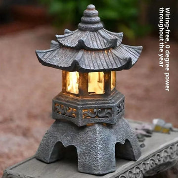 lanterne traditionnelle gris texture granitée détails sculptés japonais lampe led base graniteextérieur jardin