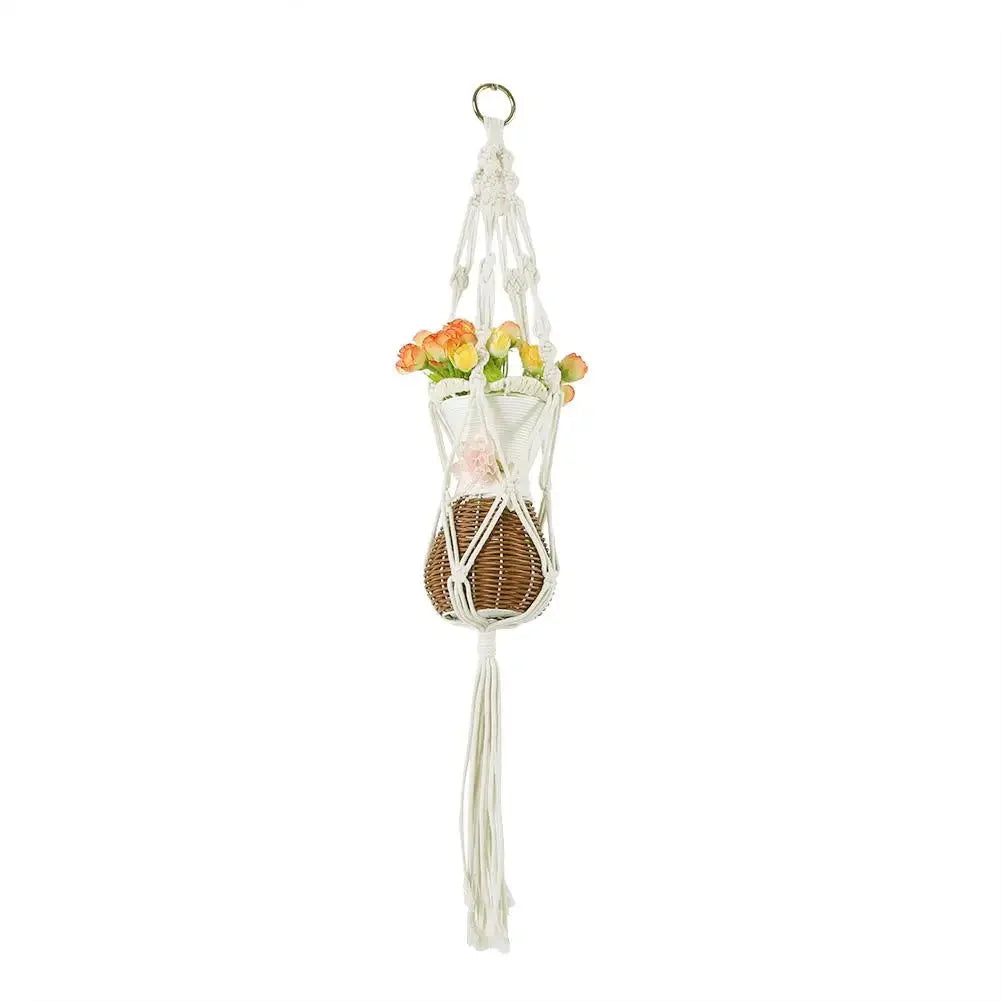 Support plante suspendue macramé blanc artisanal pot transparent