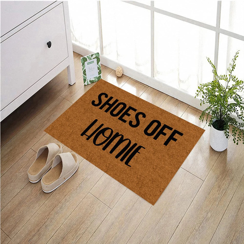 tapis d'entrée marron clair texte shoes off homie moderne antidérapant imperméable résistant bactéries extérieur