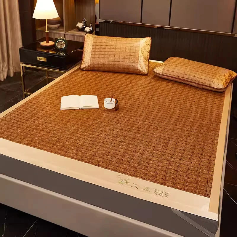 tapis sol polyester coton bambou géométrique beige clair traditionnel pliable lit dormir étudiant opaque