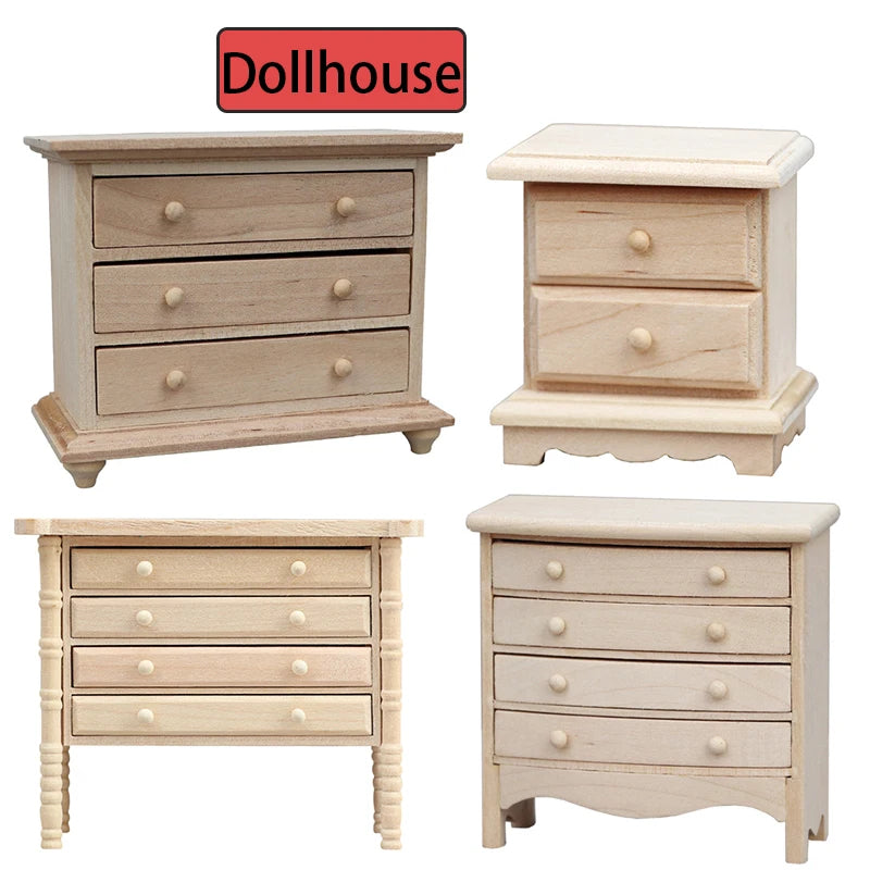 commode miniature bois naturel claire finition lisse simple tiroirs poignées pieds sculptés jouet professionnel
