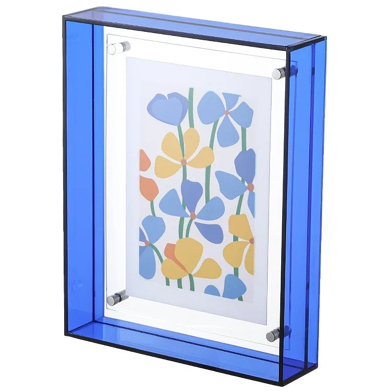 cadre photo moderne acrylique transparent floral bleu orange vert rose clips mural