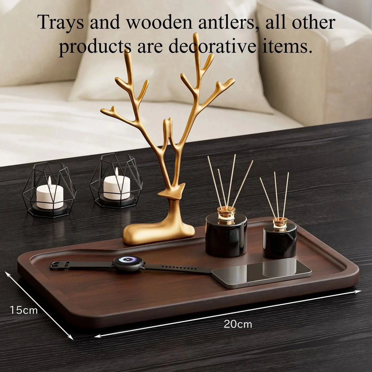 plateau rangement bois moderne marron foncé cuir coutures arbre doré diffuseur huiles essentielles bouteille
