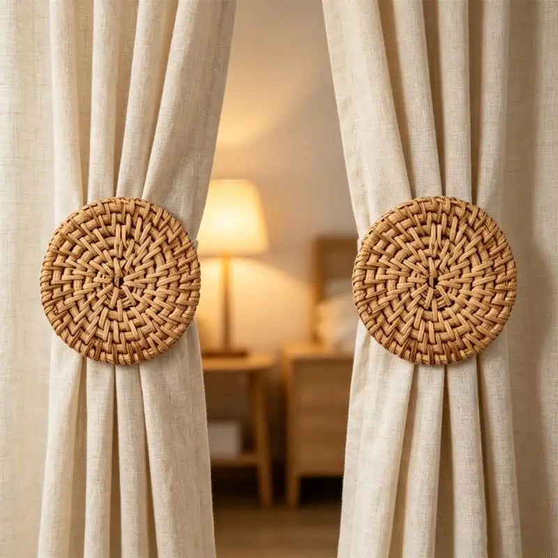 boucles rideau tissage rotin beige moderne fixations vis bouchons blancs dorées