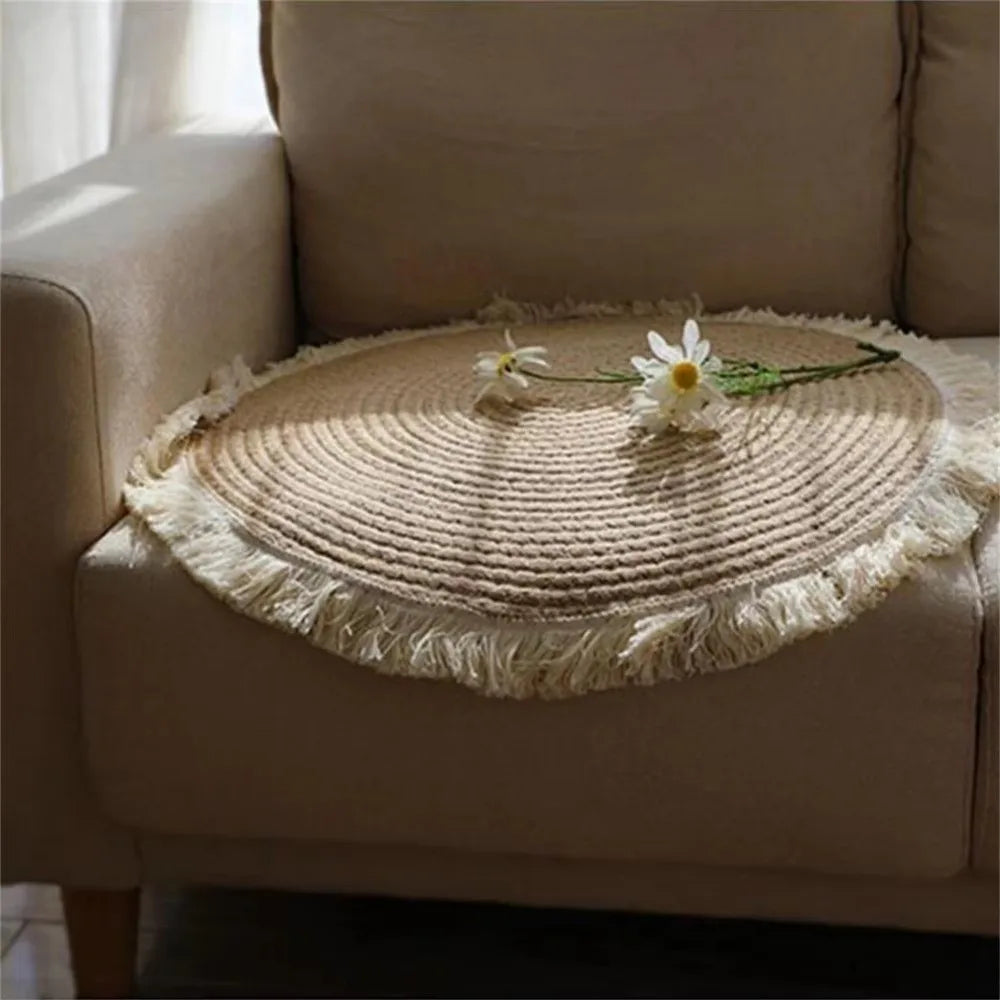 tapis boho spirale concentrique franges blanches fleurs artificielles polyester beige clair 40cm 60cm tissé