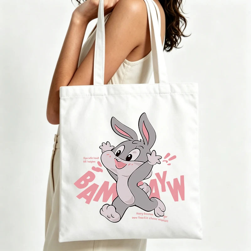 sac main toile lapin blanc bam bam moderne poignées shopper décontracté