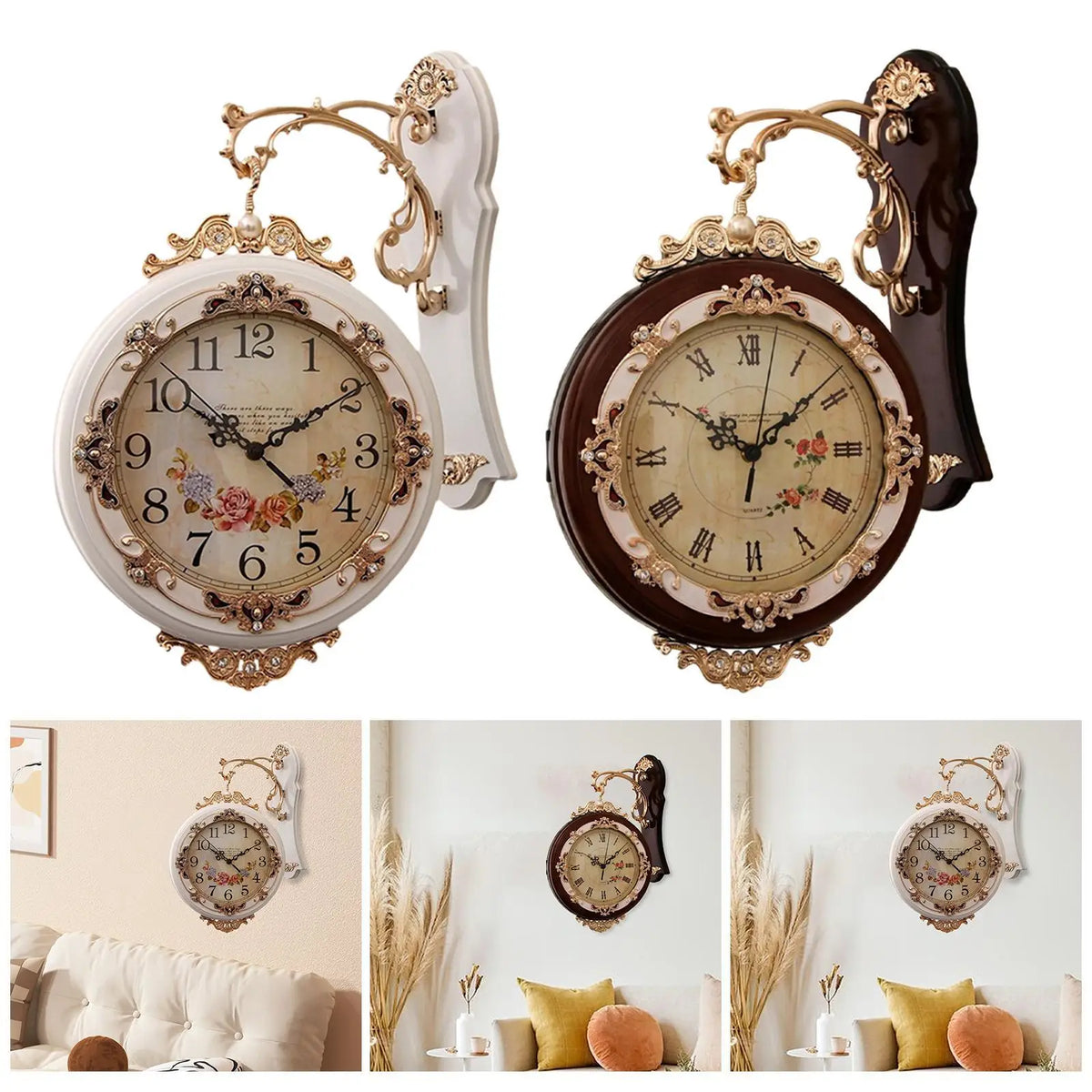 horloge murale double face vintage ornée fleurs chiffres romains blanc marron doré farmhouse decoration