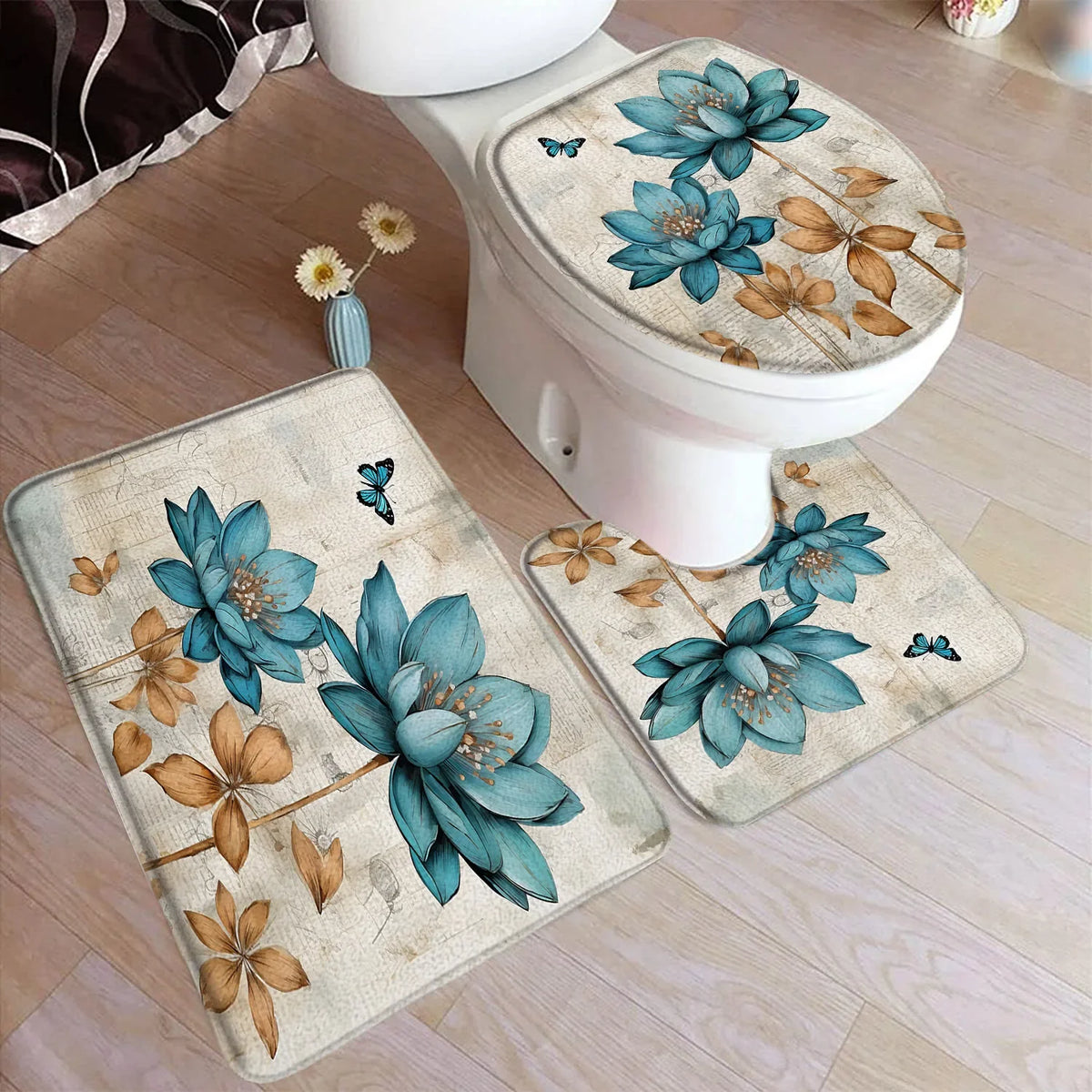 tapis toilette rose fleurs feuilles bain salle beige floral respectueux environnement trois pièces