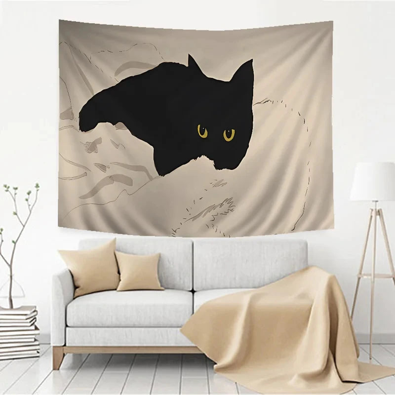 tapisserie murale moderne chat noir fond beige salon chambre décoration artistique livrable machine