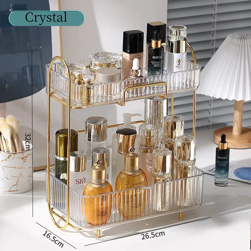 organisateur cosmétiques acrylique transparent doré rayures moderne étagères salle bain rangement bouteilles pots deux