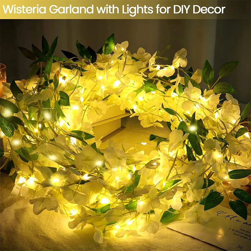 guirlande glycine lumineuse fleurs artificielles blanc vert décorative romantiqueintérieur decoration 36ft 90fleurs