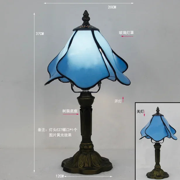 lampe table art nouveau tiffany multicolore base sculptée interrupteur bouton