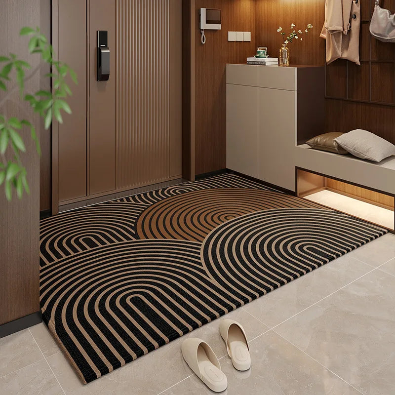 tapis porte intérieur moderne noir beige motif rayures géométriques antidérapant lavable salon maison