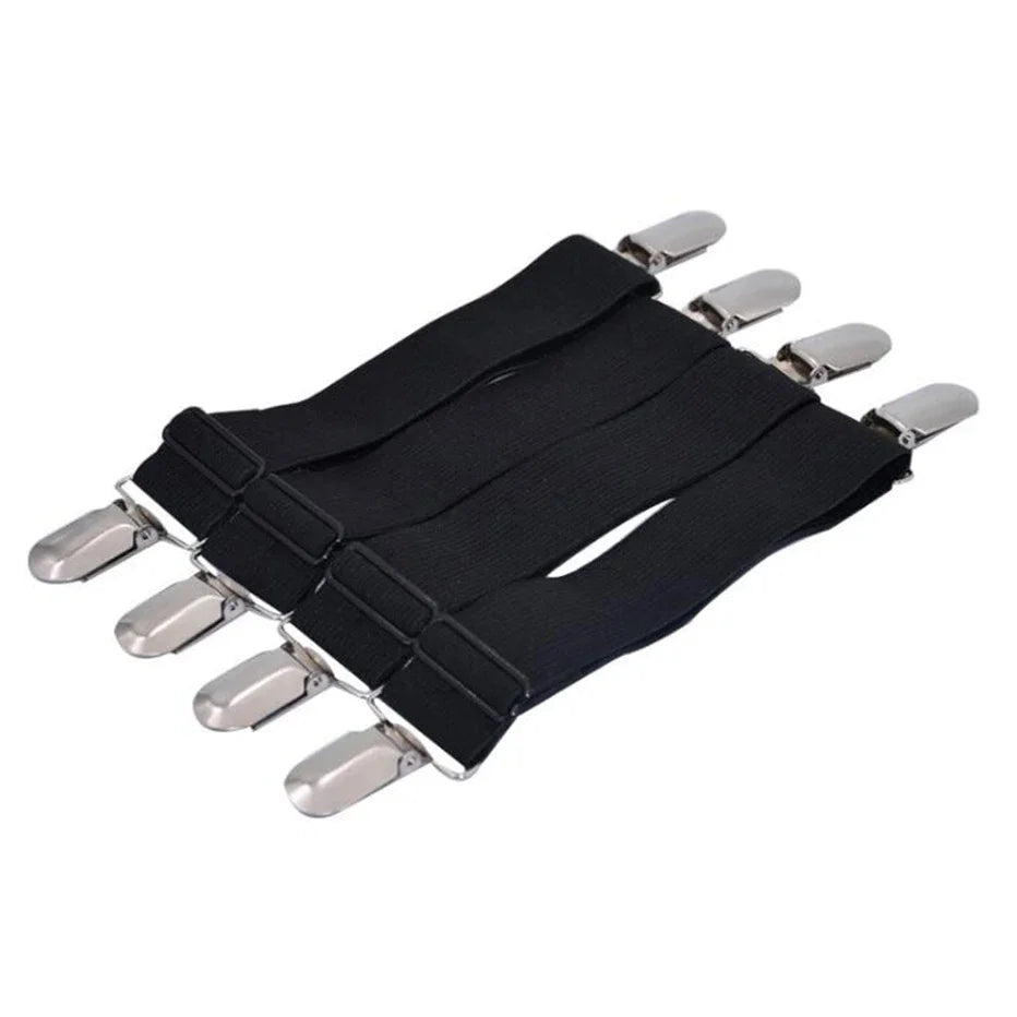 attaches pantalons clips métalliques élastiques noir blanc argenté utilitaires classiques tissu lisse