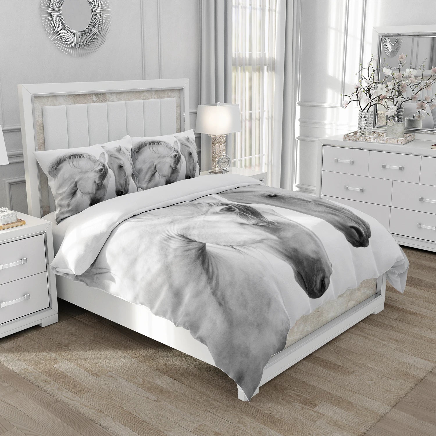 Détail de l'impression 3D cheval sur housse de couette microfibre