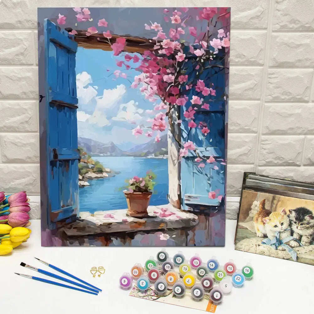 peinture numéro paysage marin fleurs roses crochets vis boîtes peinture débutants moderne toile bleu