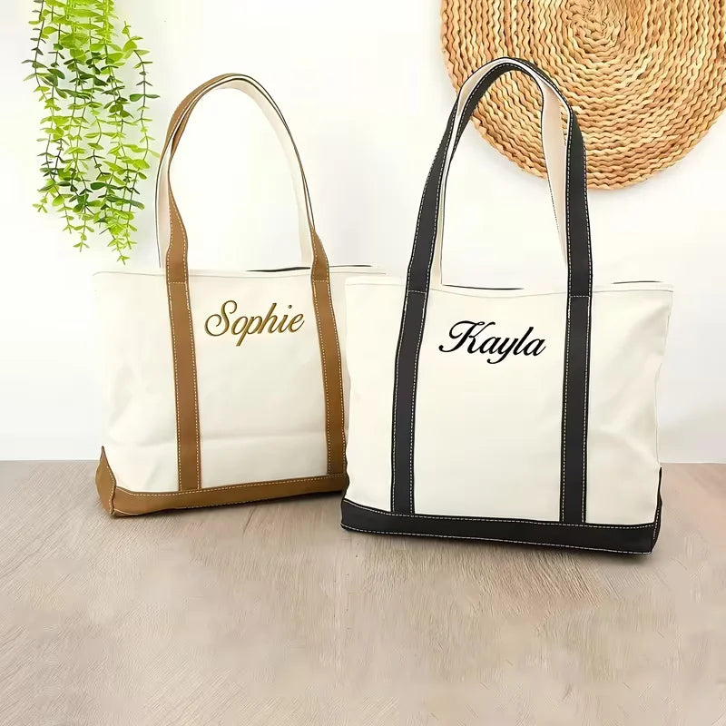 sac main moderne toile brodé doux poignées détachables blanc bleu marron vert rose