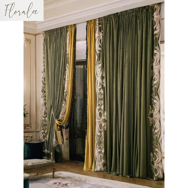 rideau vert foncé broderie florale franges noires classique élégant salon chambre maison luxe