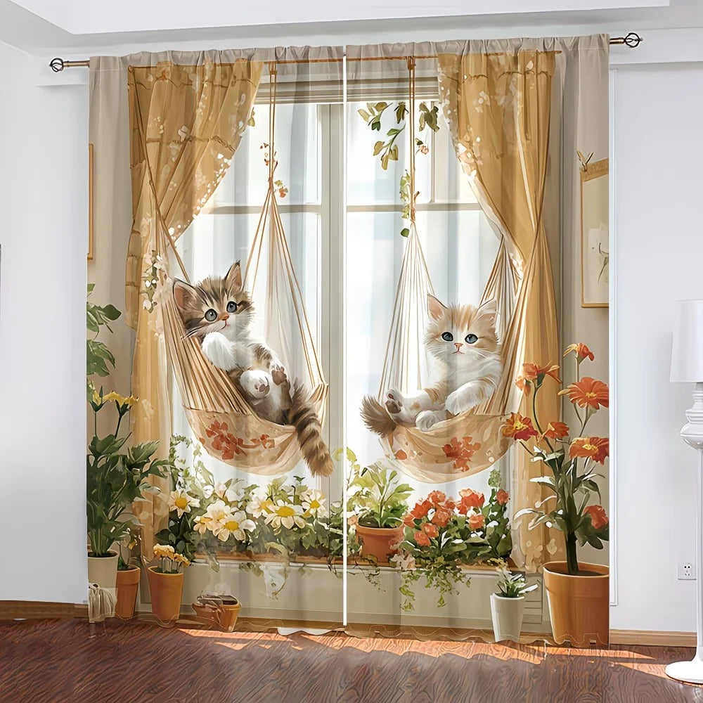 rideau moderne imprimé chat hamac fleurs beige marron clair blanc translucide fenêtre deux panneaux