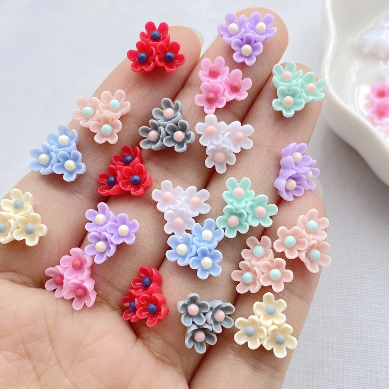 paillettes résine fleurs artificielles miniatures ornements pétale centre rouge rose violet bleu gris beige
