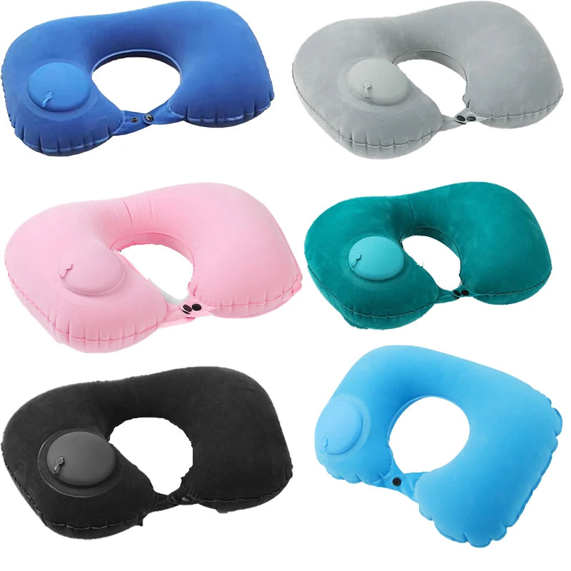 oreiller voyage gonflable forme cou bleu polyester ergonomique valve gonflageextérieur support confortable