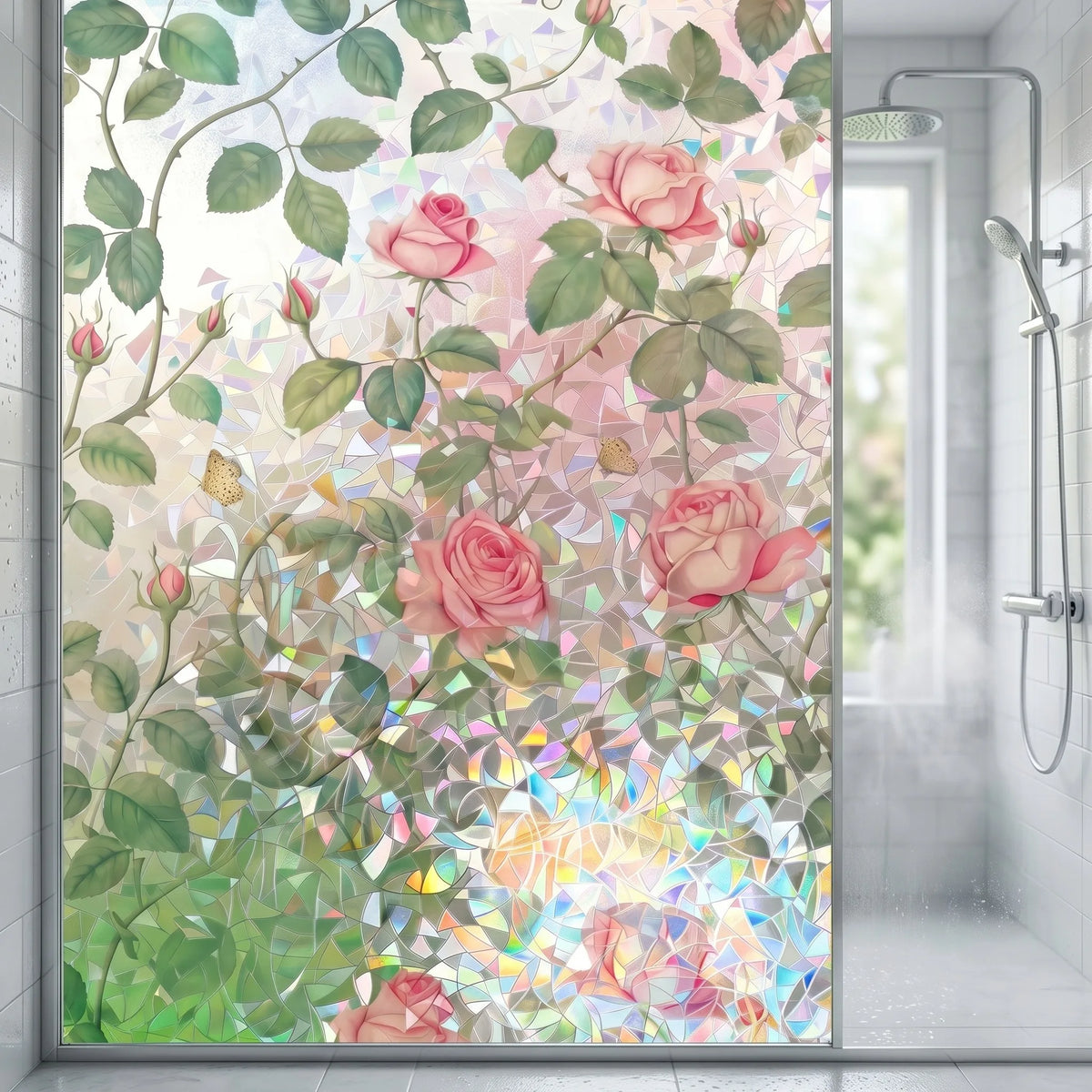film fenêtre adhésif floral vert rose moderne protection uv isolation thermique décoration maison chambre