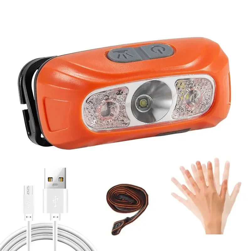 lampe frontale led rechargeable étanche camo noir orange gris détection mouvement camping pêche cyclisme