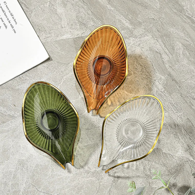 porte savon feuille transparente bord doré motif rayonné savon blanc vert orange moderne élégant