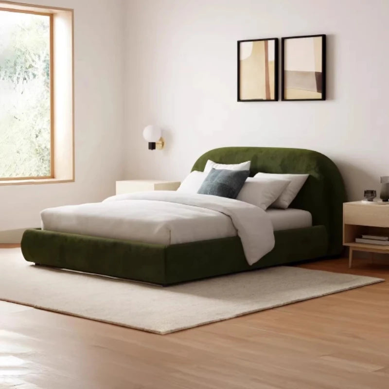 lit moderne minimaliste contemporain beige vert velours tissu uni double maison chambre coucher