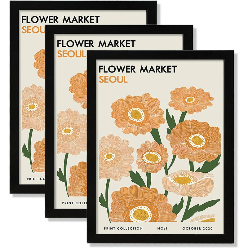 cadres photo modernes fleurs roses textes minimalistes noir blanc beige verre transparent trois pièces
