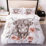 drap plat parure lit floral moderne illustration taureau fleurs roses feuilles vertes blanc gris