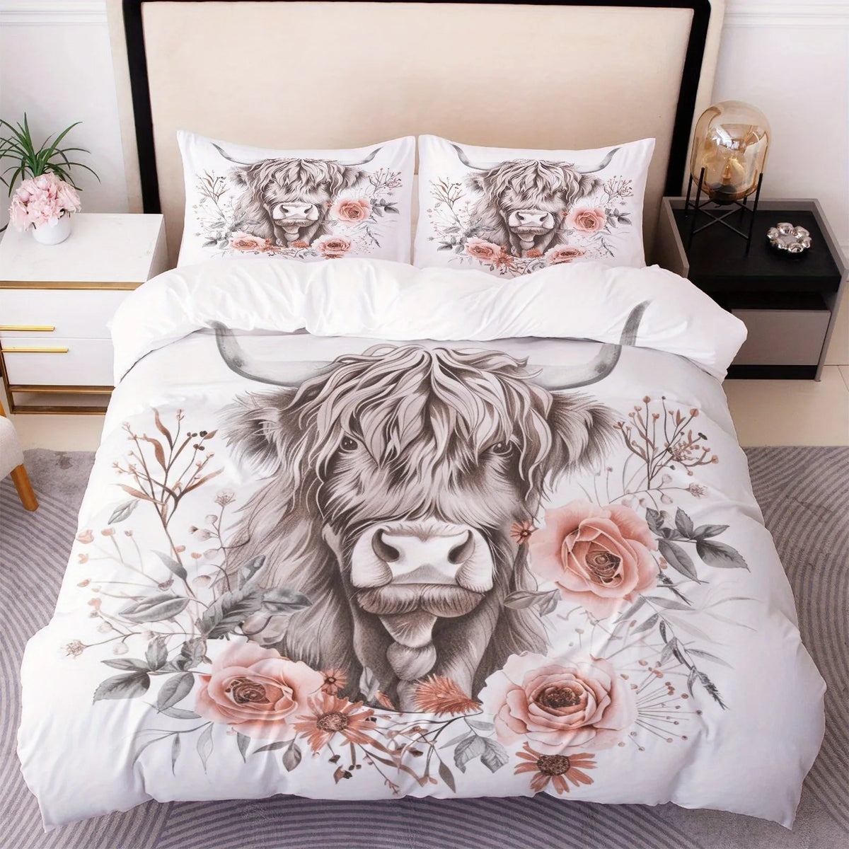 drap plat parure lit floral moderne illustration taureau fleurs roses feuilles vertes blanc gris