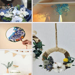 bouquet fleurs séchées bleu blanc vert plumes eucalyptus décoration maison anniversaire mariage