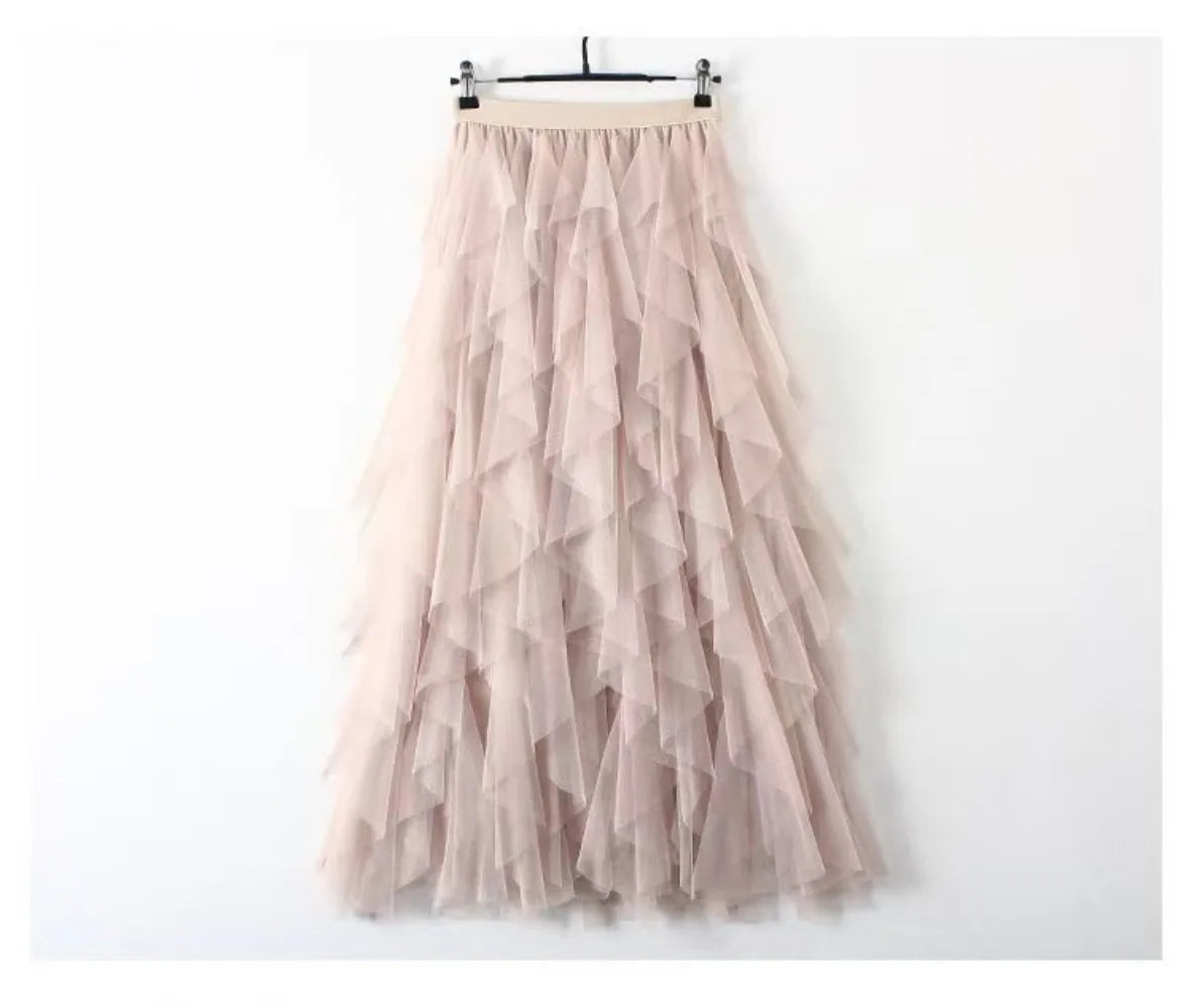 jupe tulle plissée rose noir élégante féminine asymétrique mi mollet translucide junior femme
