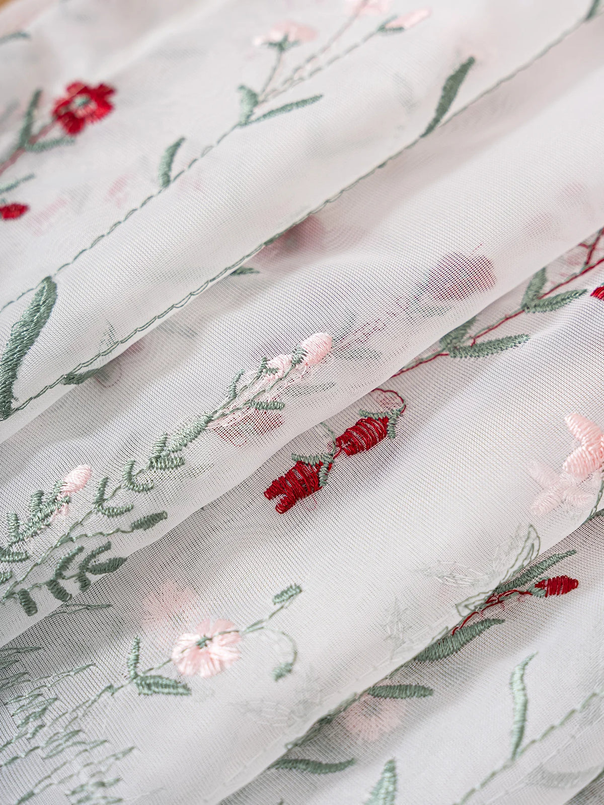 rideau polyester brodé floral transparent classique cuisine fenetre blanc rouge vert