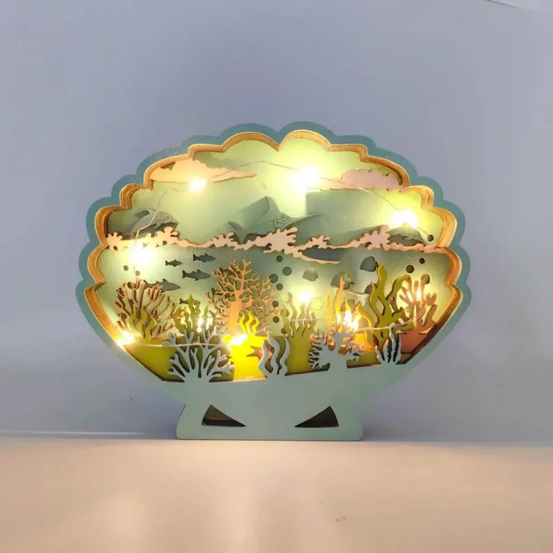 lampe décorative artisanale thème marin poissons étoiles mer coquillages lumière bois naturel bleu vert