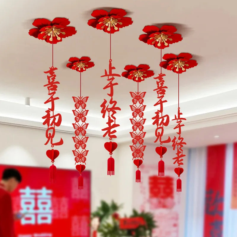 décoration murale mariage papillons coeurs caractères chinois rubans artisanal traditionnel rouge