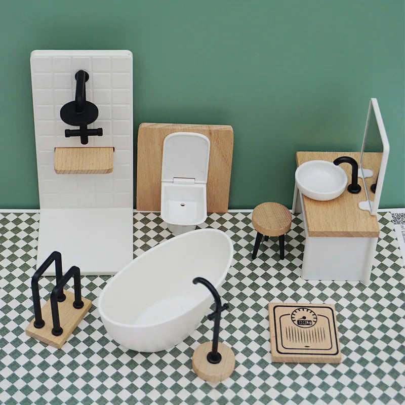 meubles salle bain miniature blanc bois moderne ensemble toilette vasque miroir tabouret