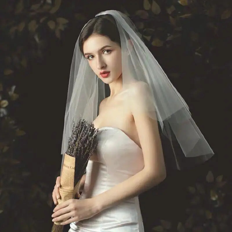 voile mariée deux niveaux polyester blanc bord découpé peigne métallique classique accessoire mariage translucent