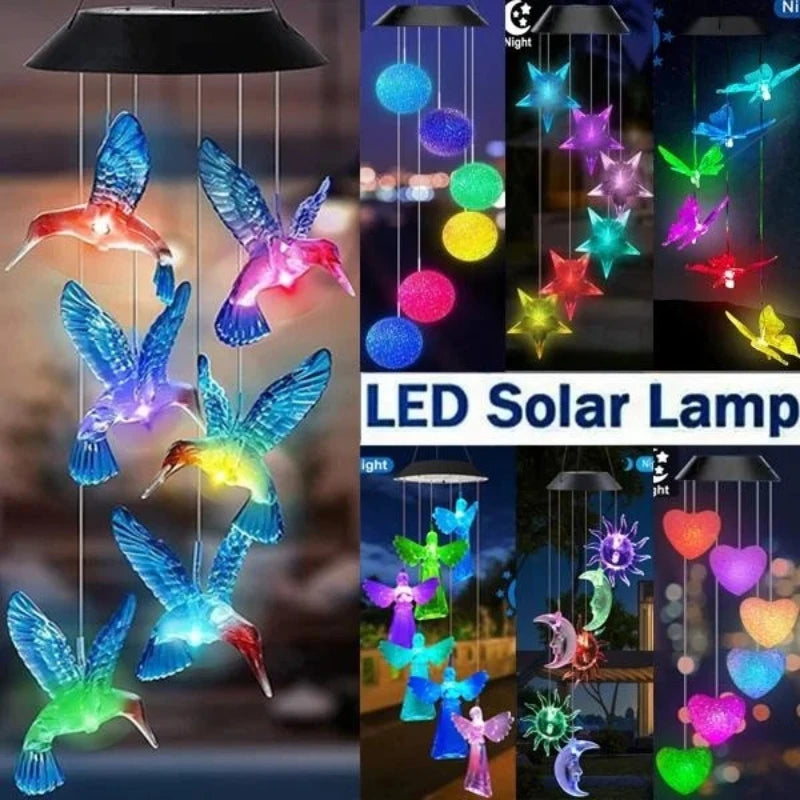 lampe solaire vent oiseaux multicolores boules translucides moderne suspendue patio jardin