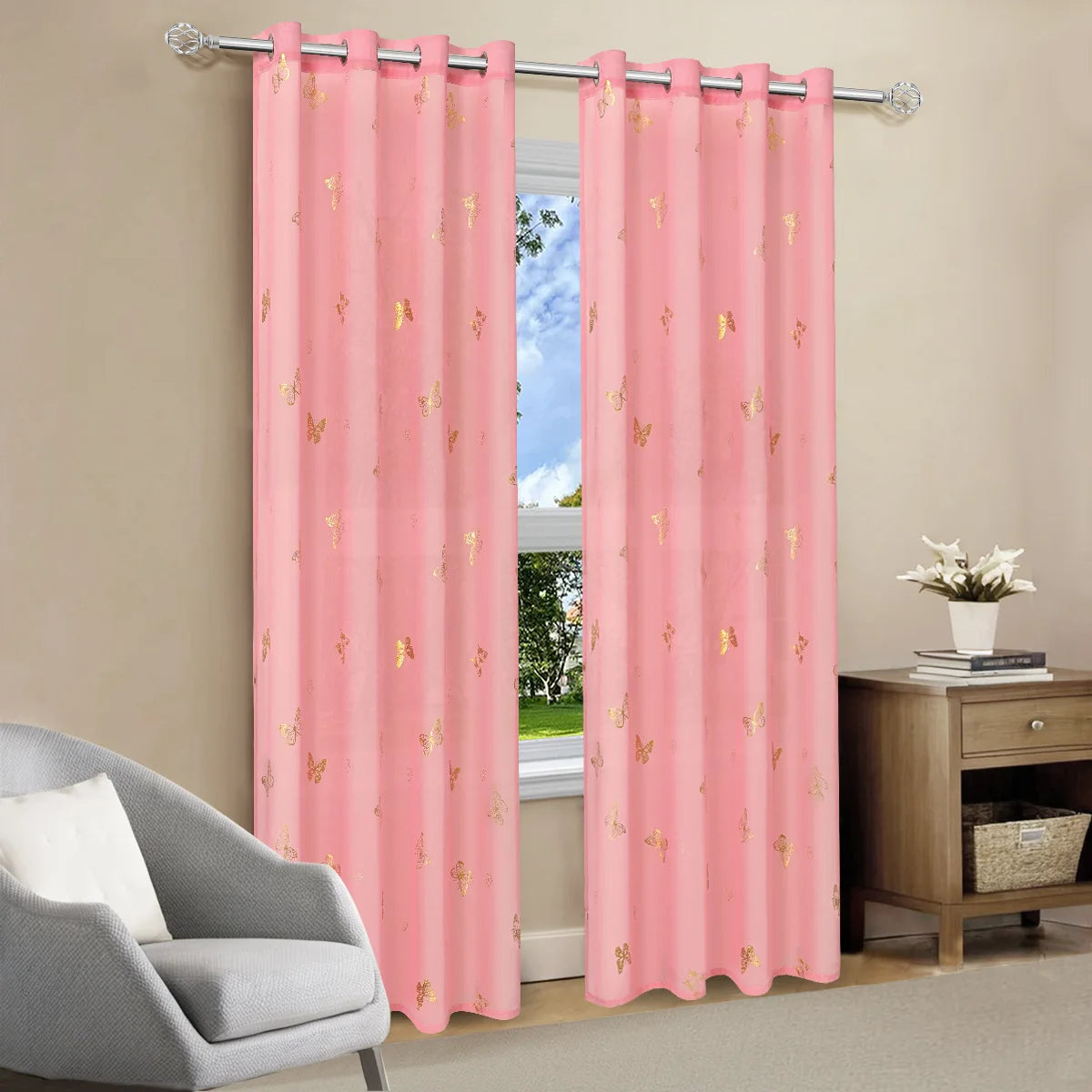 rideau moderne rose papillons dorés semi transparent anneaux métalliques polyester deux panneaux chambre fillecoration