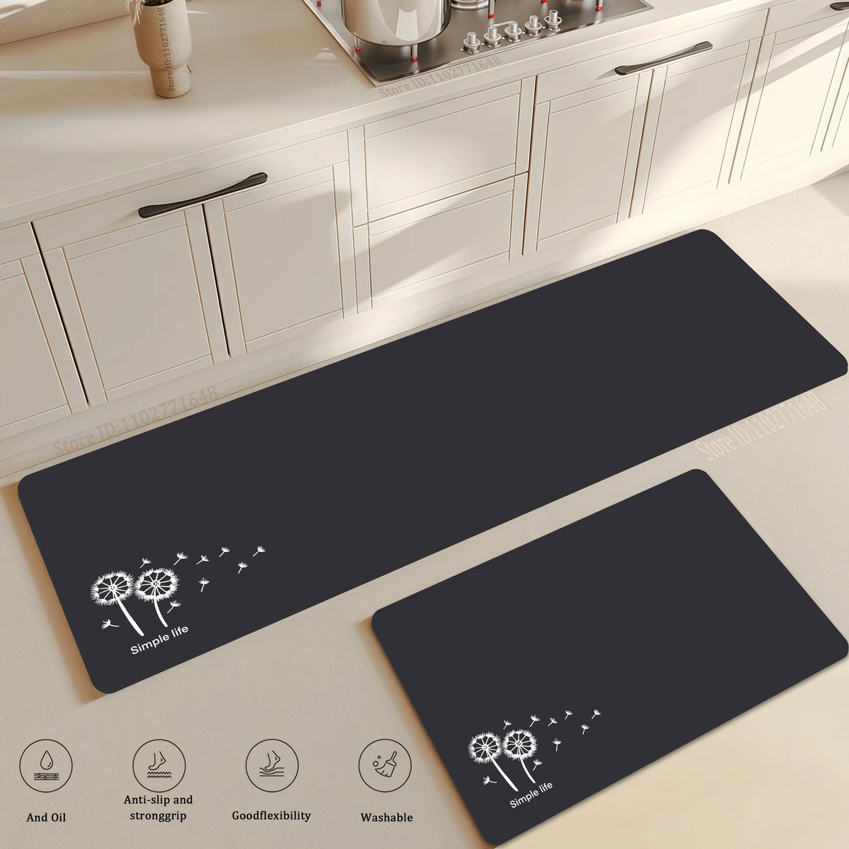 tapis cuisine noir gris motif floral antidérapant moderne minimaliste PVC