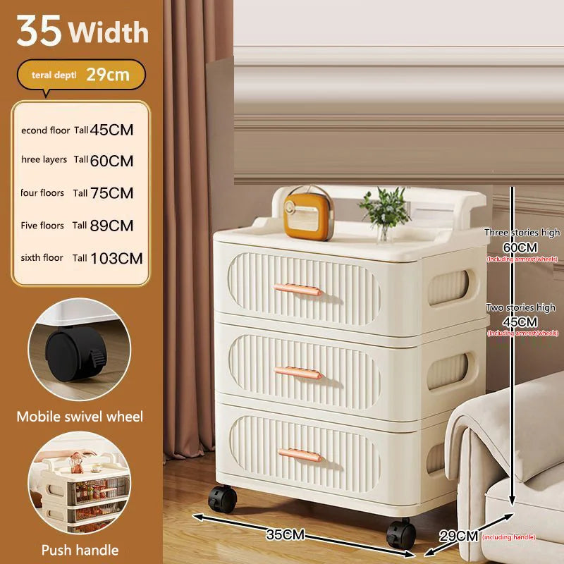 meuble rangement mobile tiroirs roulettes beige clair rayures horizontales moderne