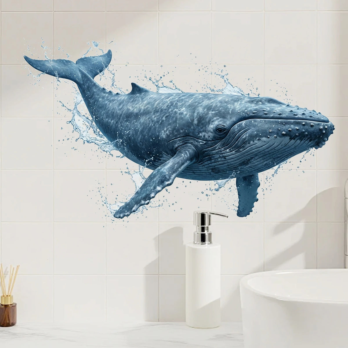 autocollant mural baleine baleine marine réaliste gouttes eau bleu gris blanc décoration maison résistant