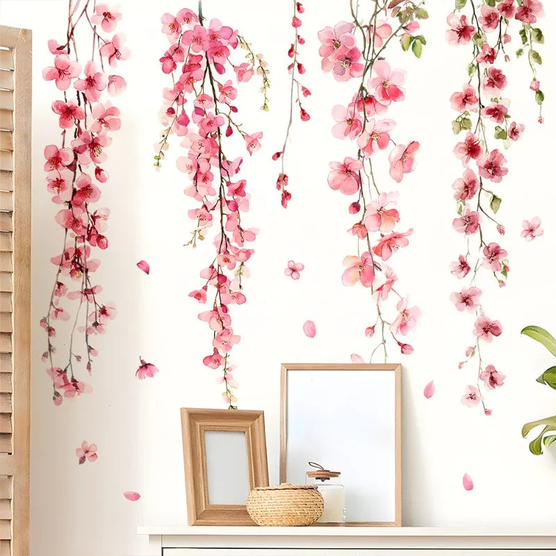 sticker mural fleurs suspendues rose blanc vert adhésif décoration chambre salon floral 40x60cm