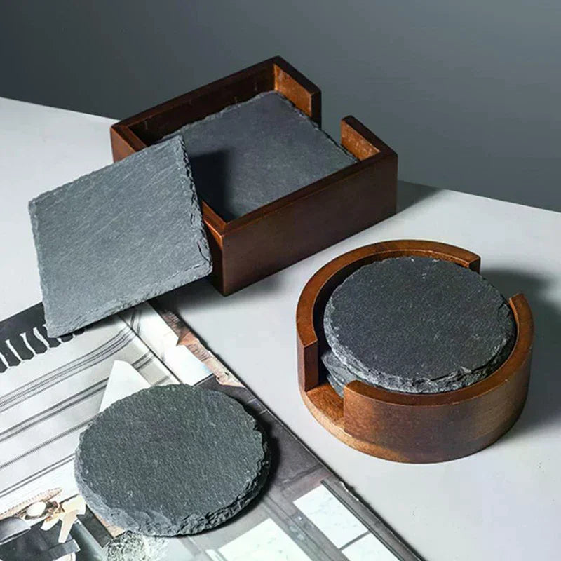 coasters noirs naturels résistants chaleur minimaliste hexagonaux carrés cœur ronds