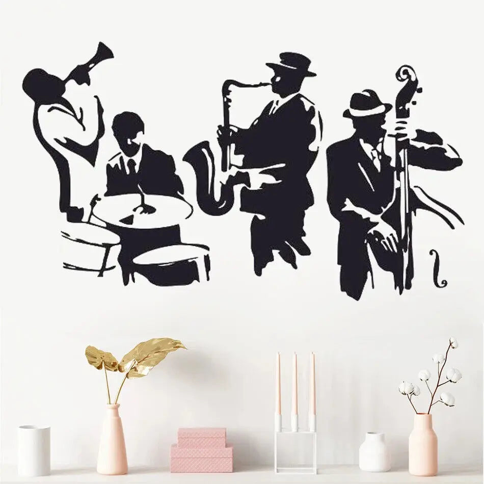sticker mural musiciens instruments jazz noir jaune rose bleu orange artiste solide carrelage mur