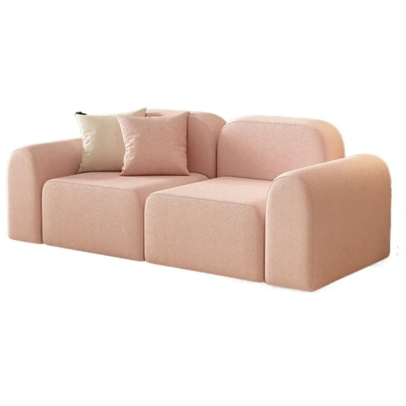 canapé moderne rose clair uni bois salon minimaliste 210cm 170cm 240cm coussins